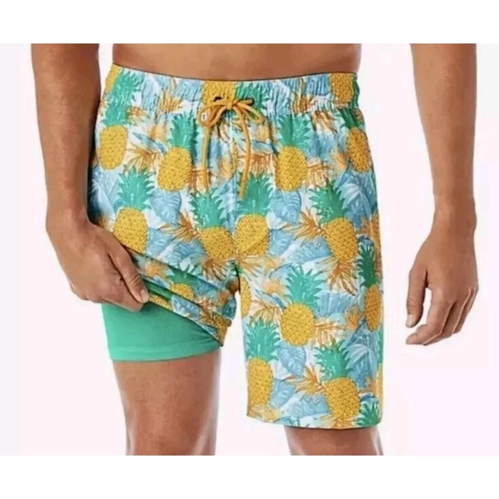 Mens XL Pineapple Print Swim Trunks Swimsuit Shorts with Liner‎ UPF 50 Quick Dry